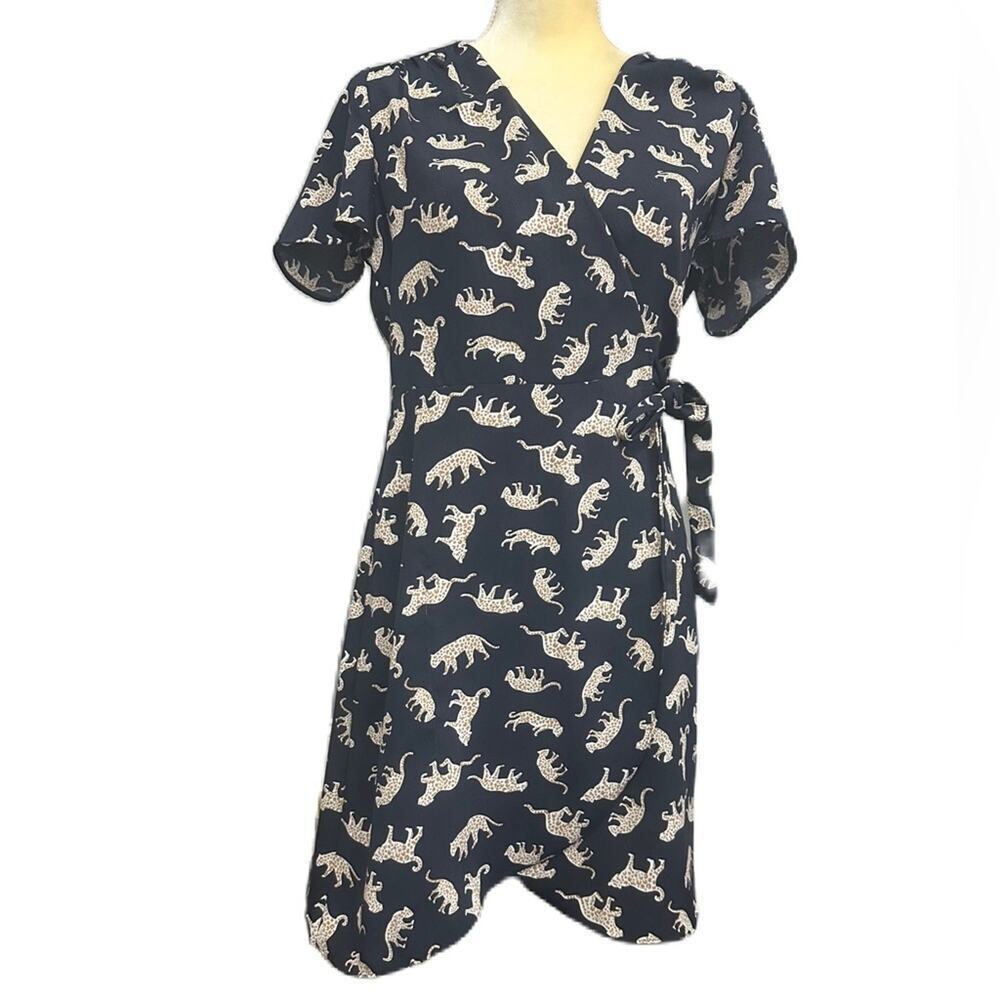 J. Crew Cheetah Navy Blue Mini Wrap Dress Size 2 L6954 SU19 Short Sleeve - Picture 3 of 7
